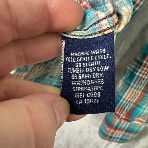 Rough Stock Panhandle Slim Shirt Mens Medium Pearl Snap Turquoise Brown Plaid - Picture 9 of 14